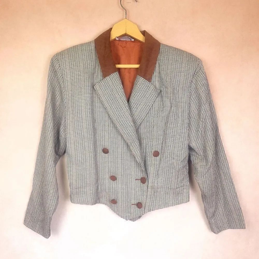 Vintage Marie Claire Houndstooth Two Button Cropped Blazer Suit Jacket Brown